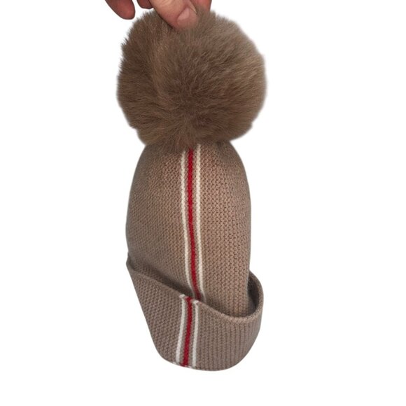 khaki red white stripe fur pom pom knit snow winter cap hat - Picture 5 of 5